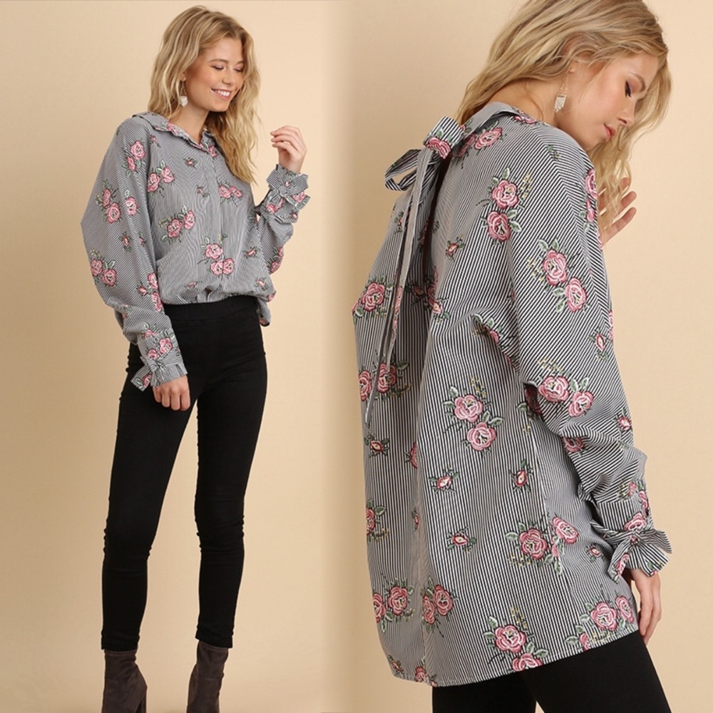 Striped embroidery button down long sleeve top